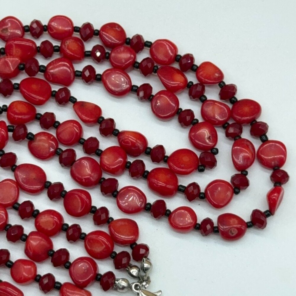 Natural Stone Red Triple Layer Necklace Glass Faceted & Black Spacer Beads 16" - Picture 6 of 6